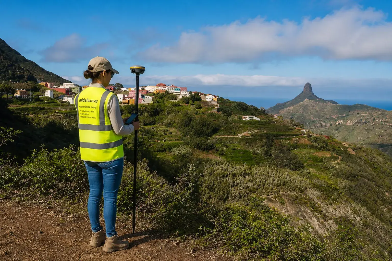 Técnico de MideFinca midiendo una finca con receptor GNSS en Canarias