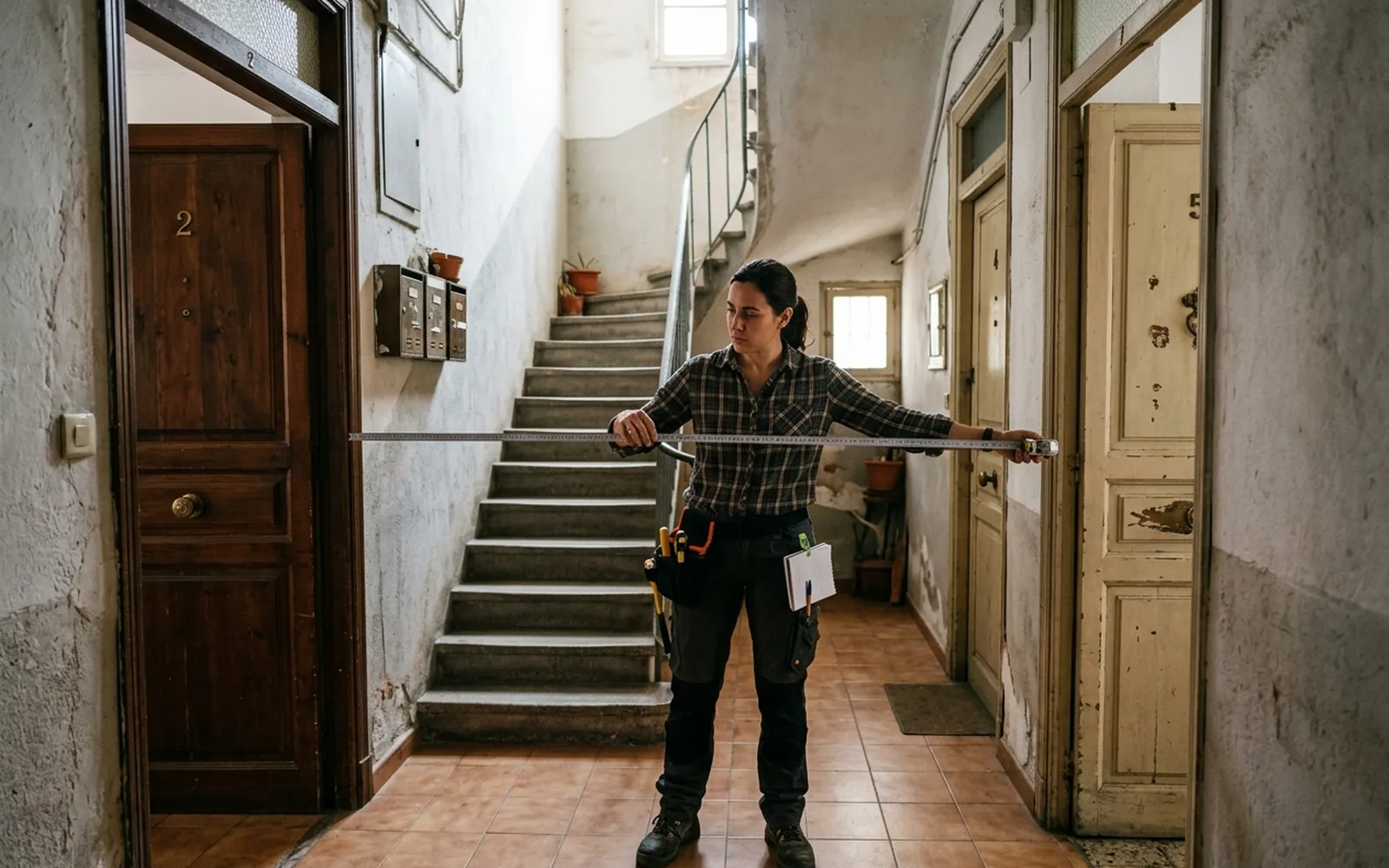 Técnica midiendo el interior de un edificio existente dividido en varias unidades