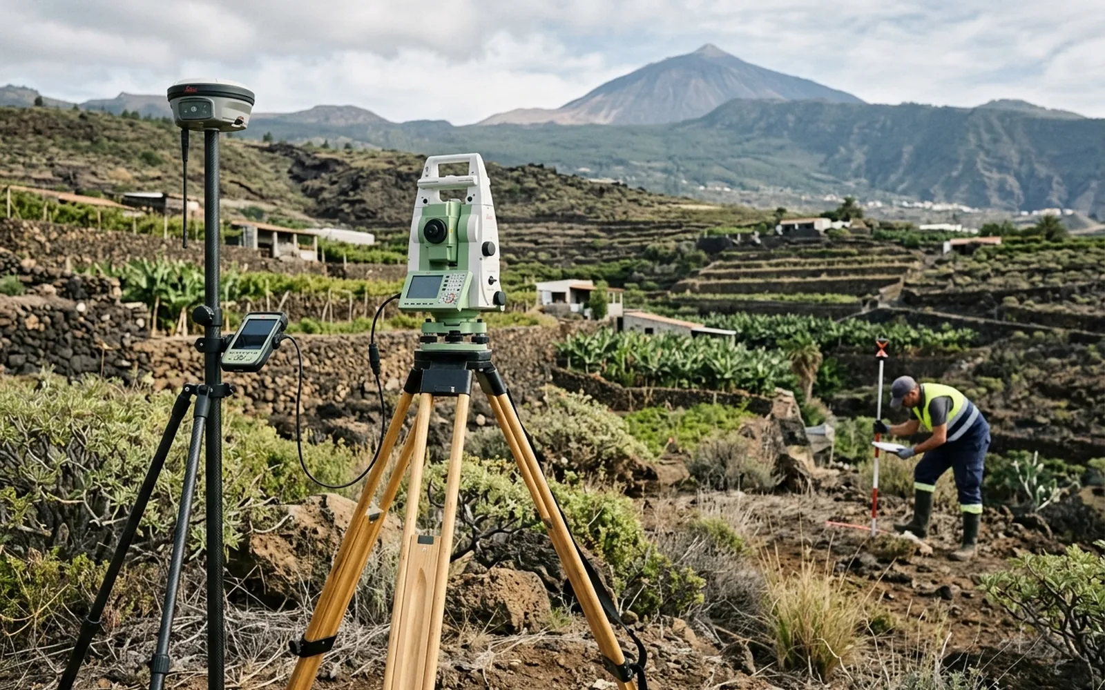 Equipo topográfico GNSS y estación total trabajando en una finca