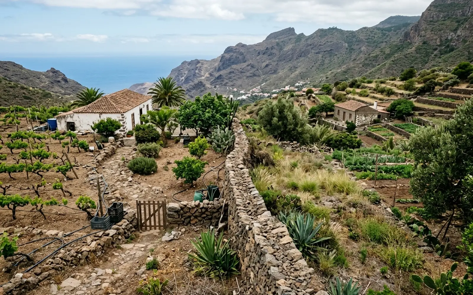Dos fincas vecinas separadas por un muro bajo de piedra