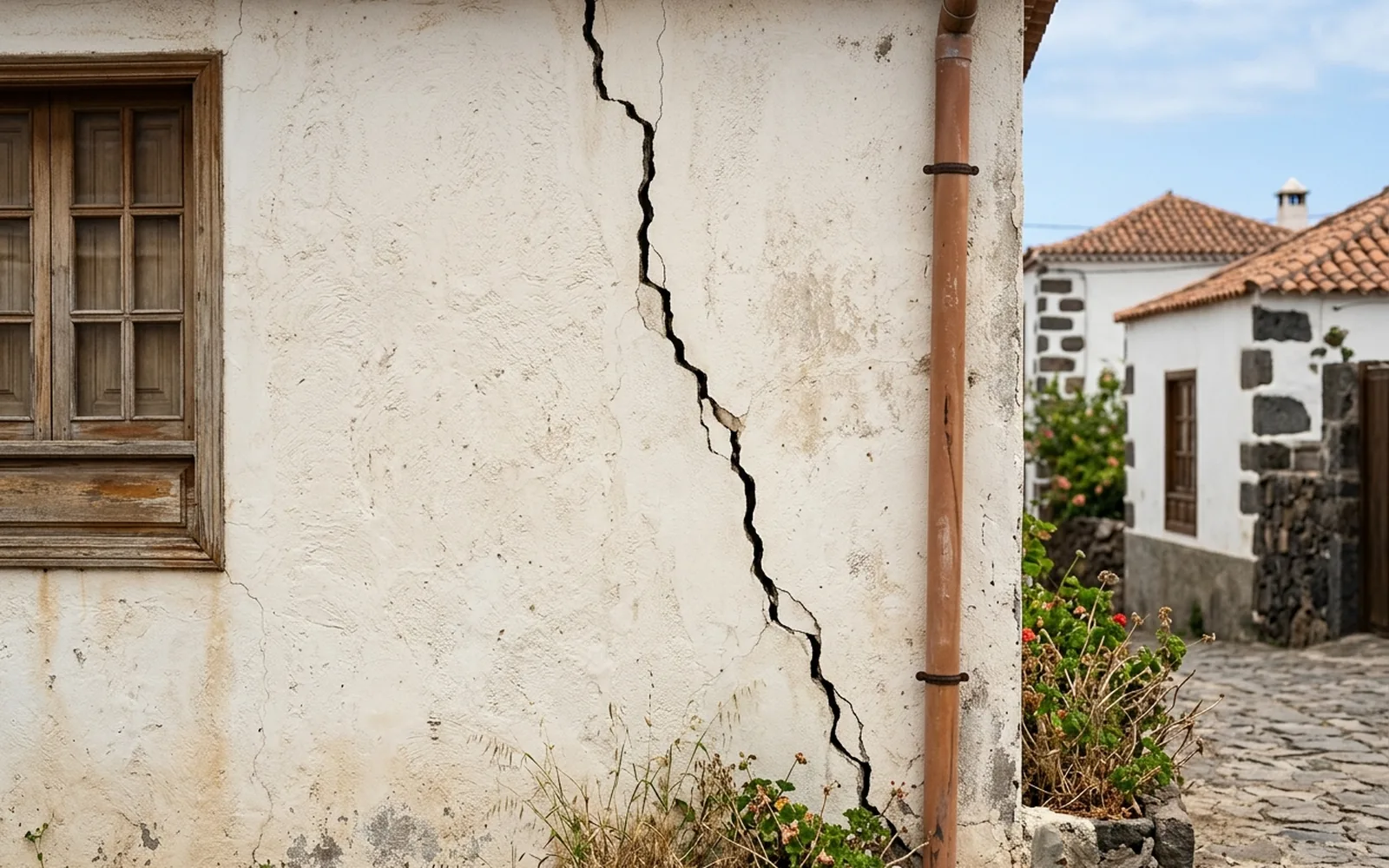 Grieta vertical en el muro exterior de una vivienda