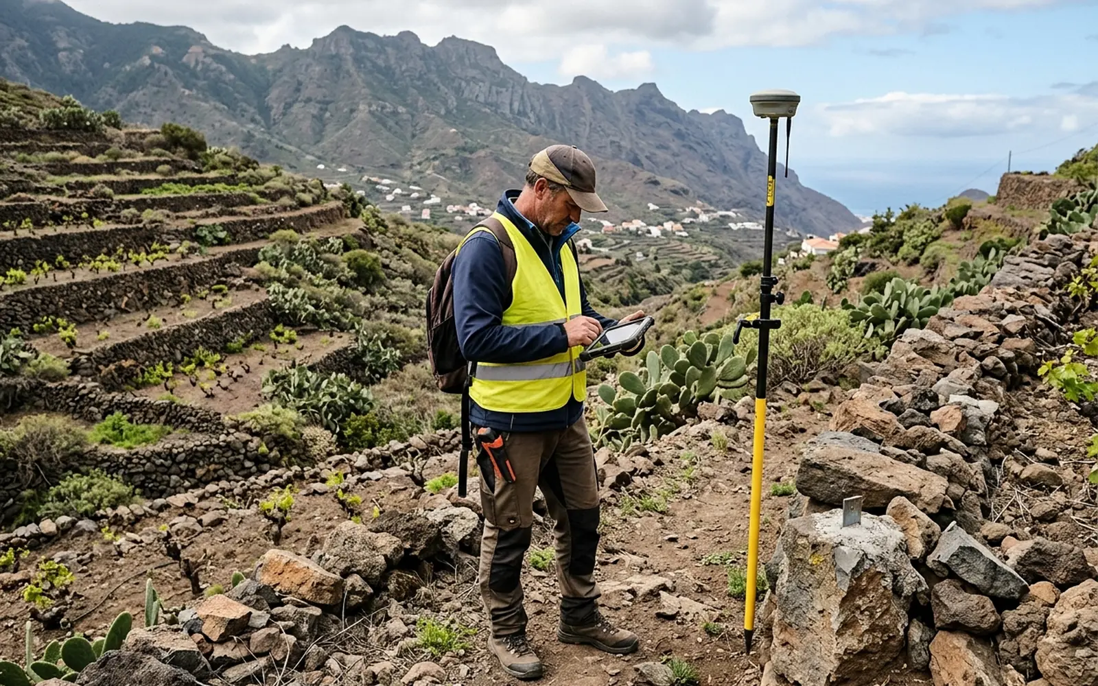 Técnico validando sobre el terreno la medición georreferenciada de una finca