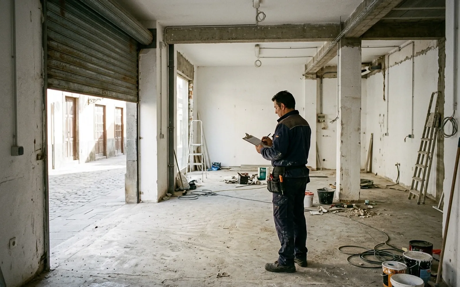 Local comercial vacío siendo comprobado por un técnico antes de una posible conversión