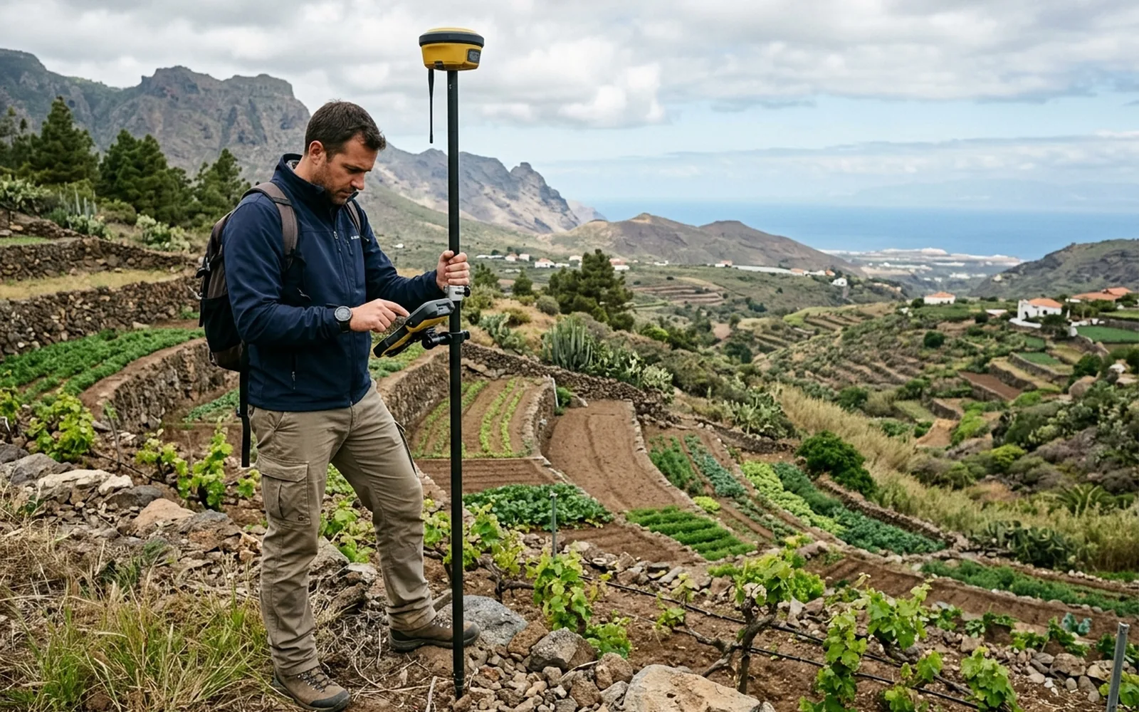 Técnico midiendo una finca rústica con un receptor GNSS en Tenerife