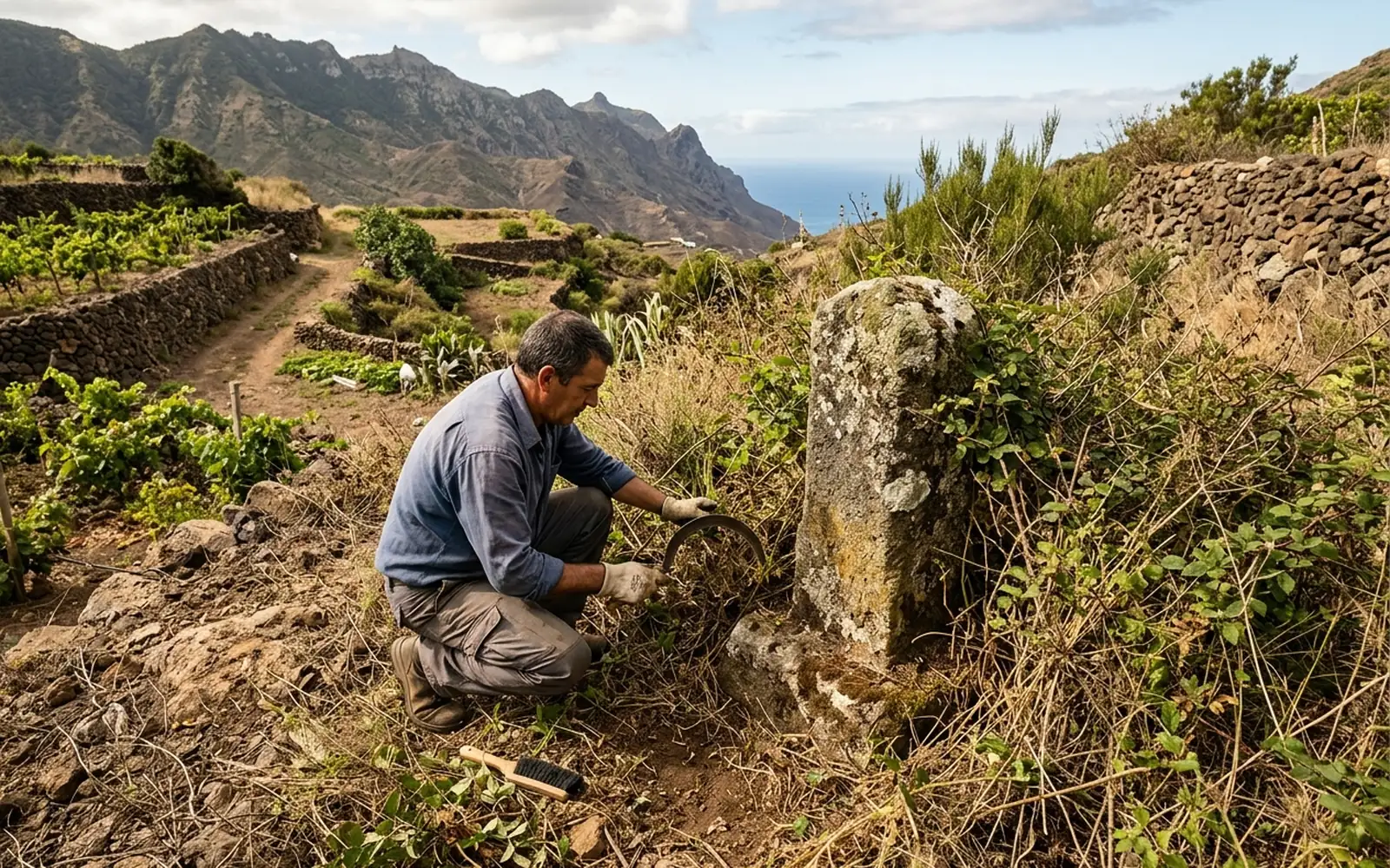 Mojón de piedra que marca el límite de una finca entre vegetación