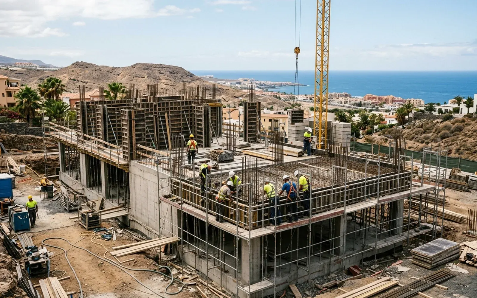 Obra de edificación activa con estructura de hormigón en ejecución