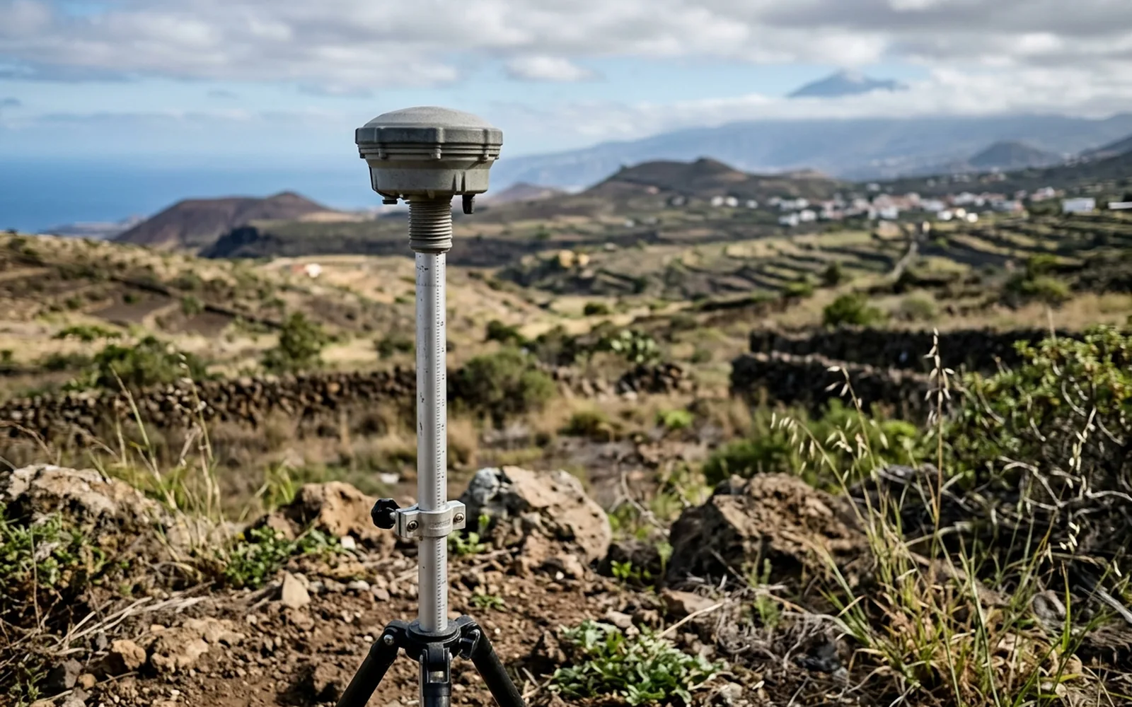 Detalle de un receptor GNSS trabajando sobre el terreno