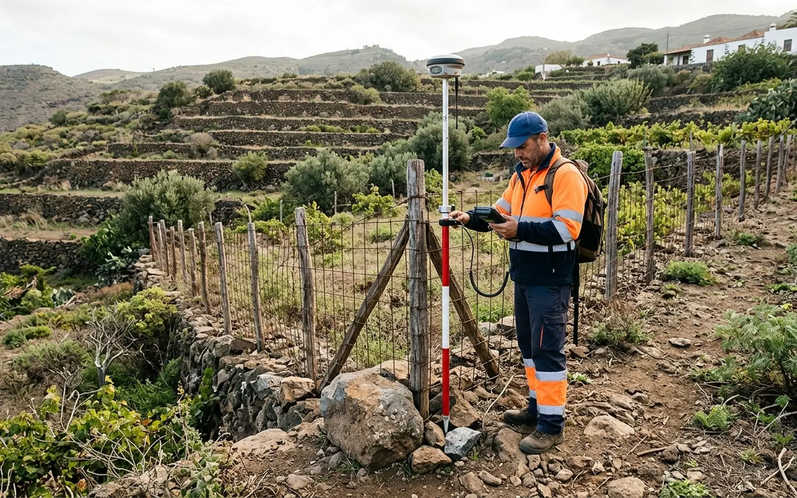 Técnico midiendo la esquina de una finca para rectificar su superficie en Catastro