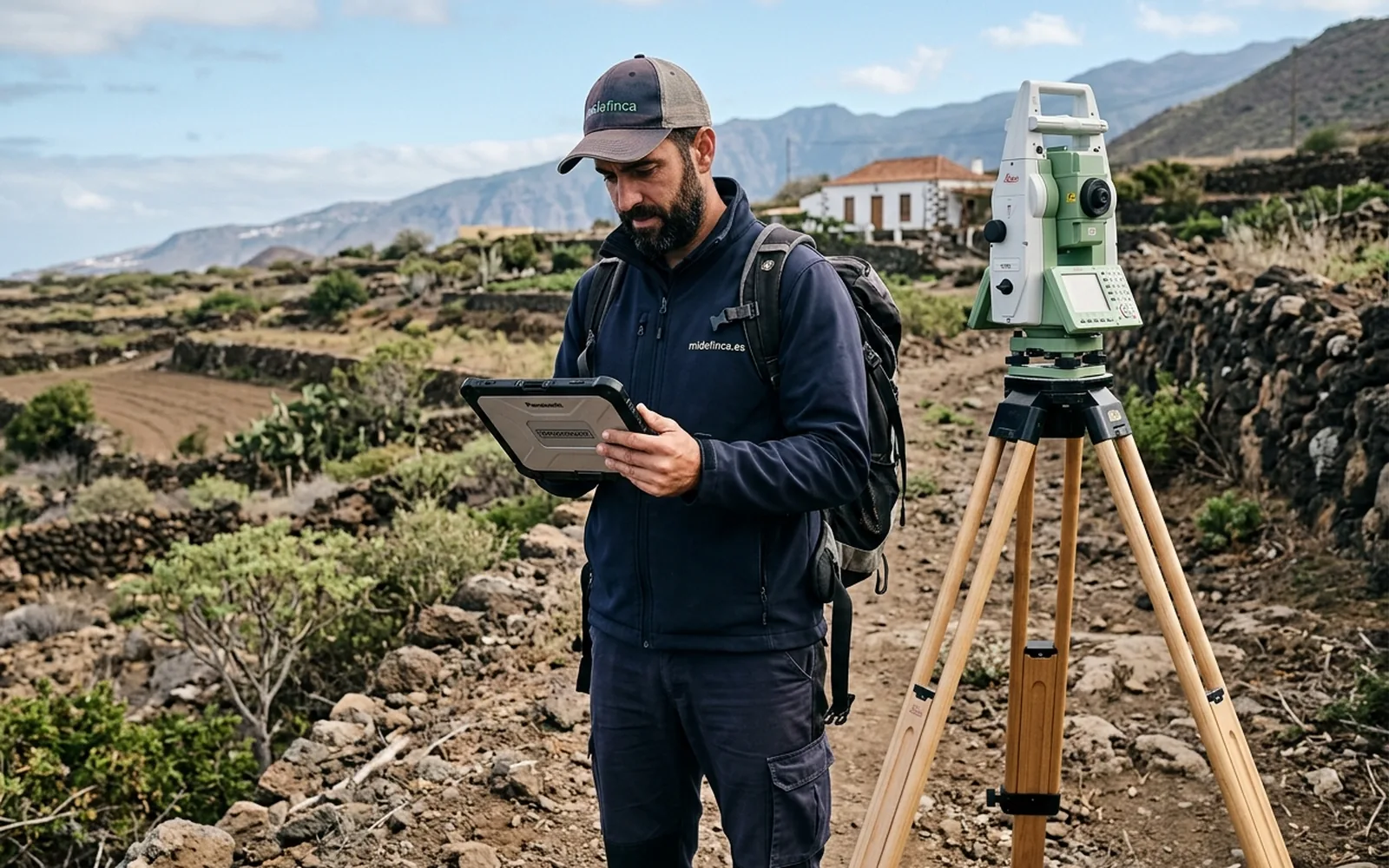 Técnico de campo consultando información en una finca rústica