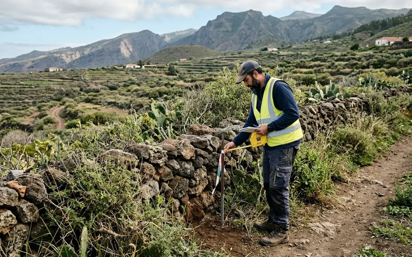 Técnico revisando la zona del lindero de una finca