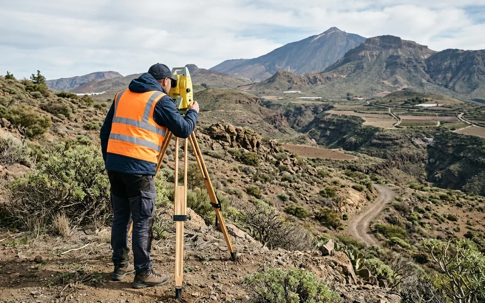 Técnico topógrafo trabajando con una estación total en una finca