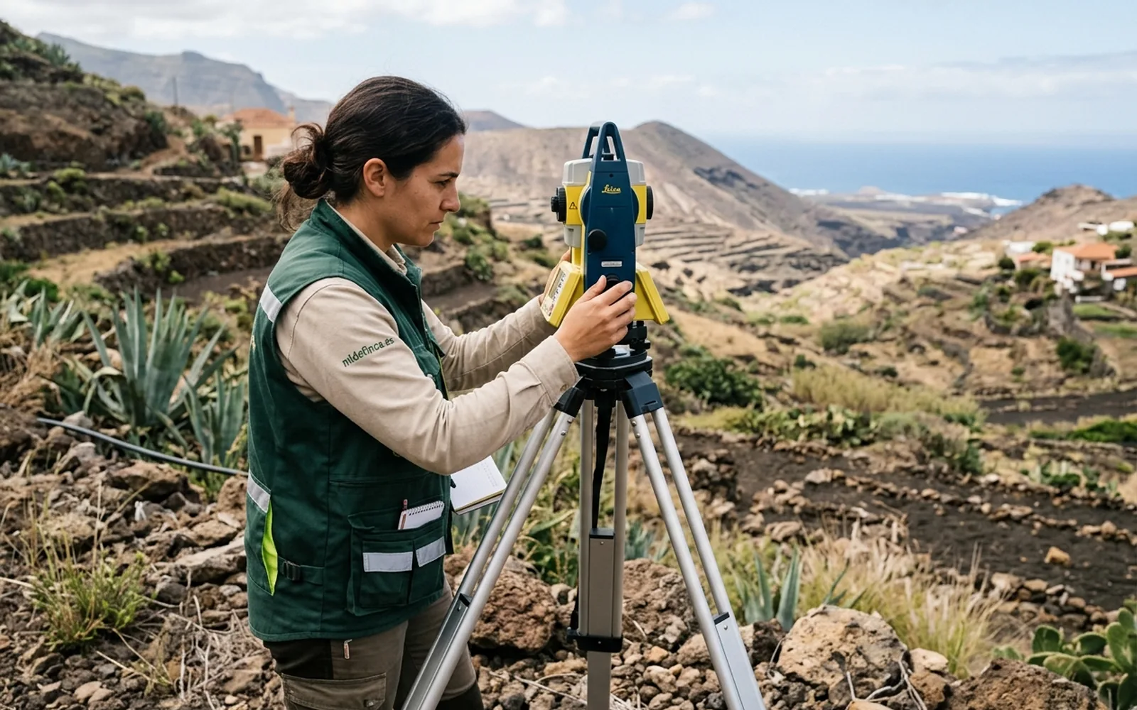 Profesional de la topografía ajustando el instrumental en campo