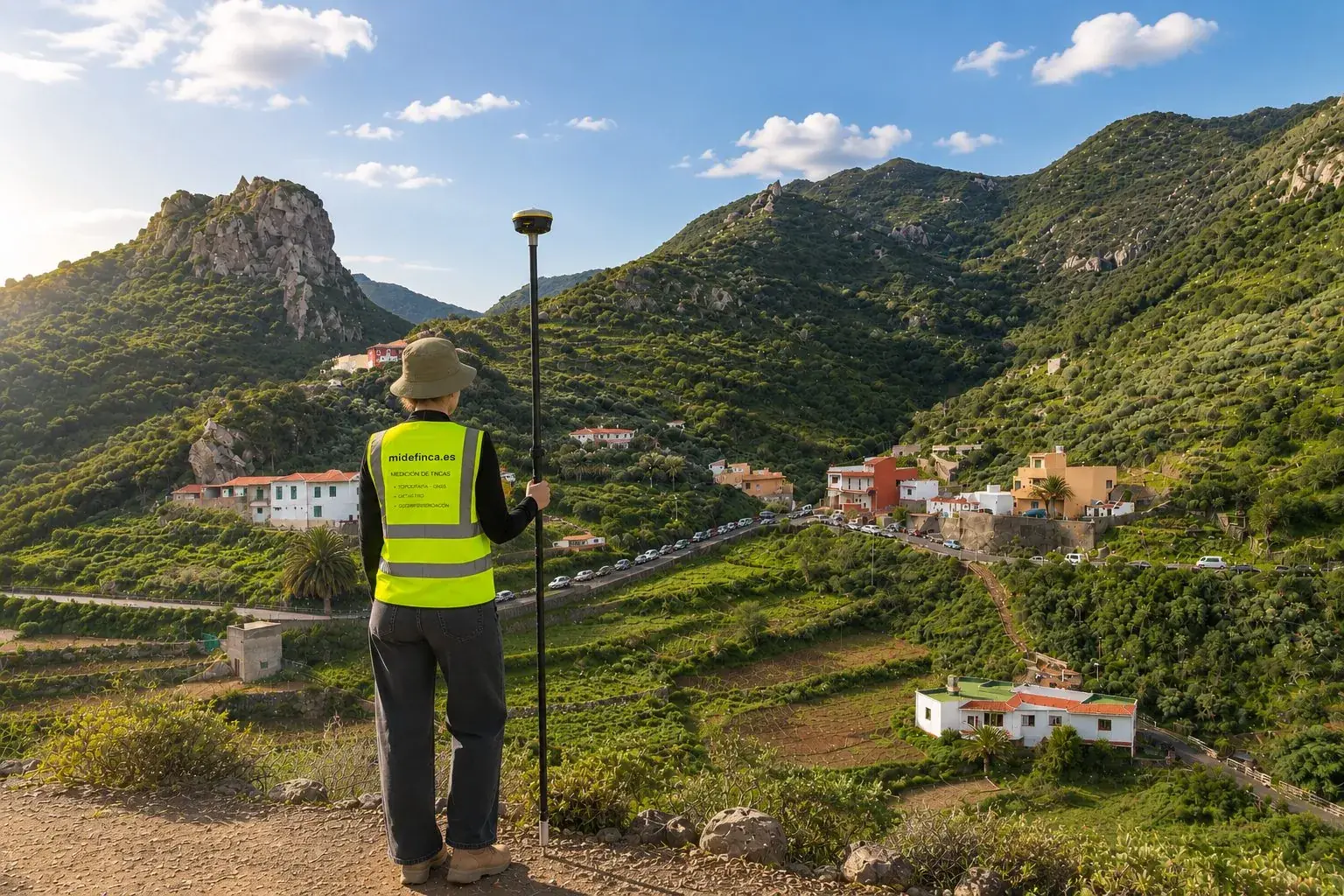 Técnico de MideFinca midiendo una finca con receptor GNSS en Canarias